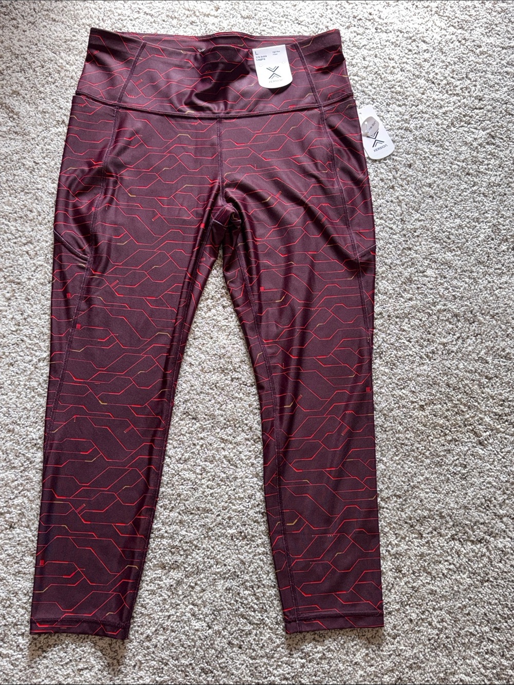 NWT Xersion Burgundy and Red Patterned Athletic Leggings